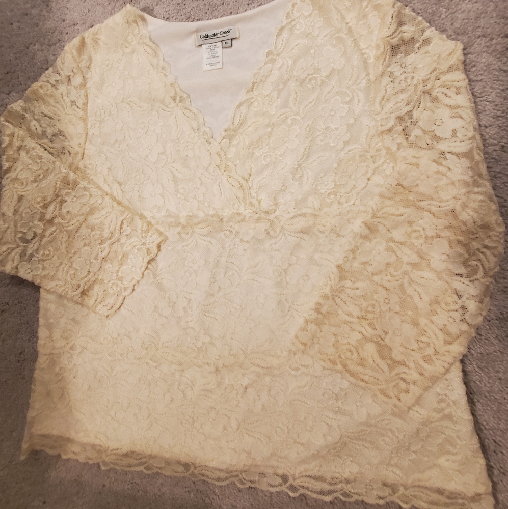 Coldwater Creek Women's Pullover V-neck  Lace Top Cream (XL)
